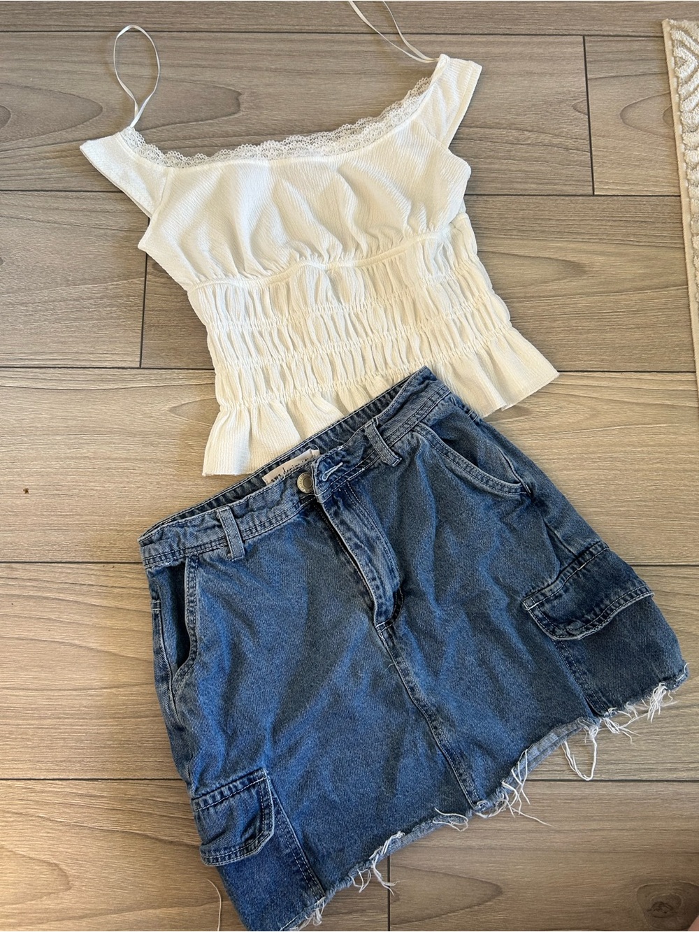 White Smocked Lace Trim Cami Top